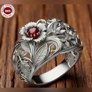 Elegant Silver Floral Ring with Red Gemstone